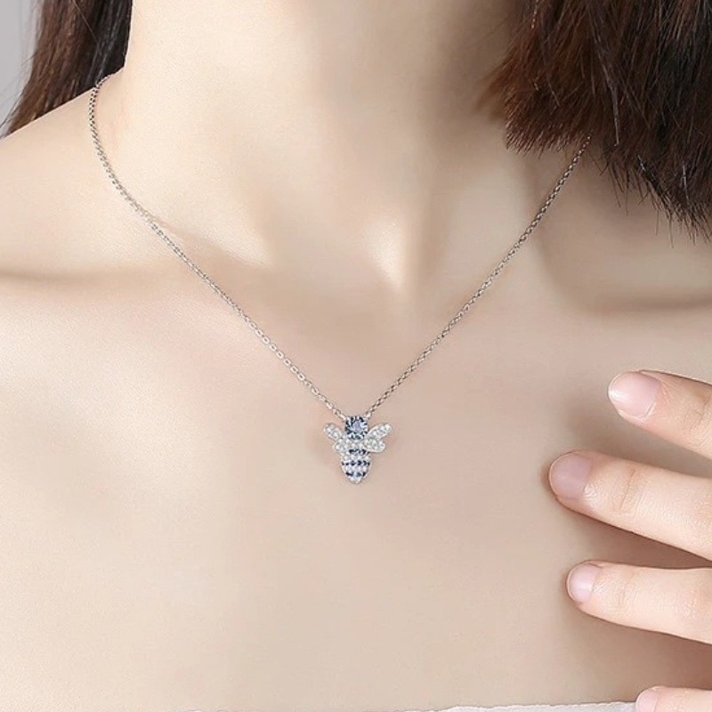 Women's Blue Zirconia Bee Necklace, Elegant Vacation Accessory